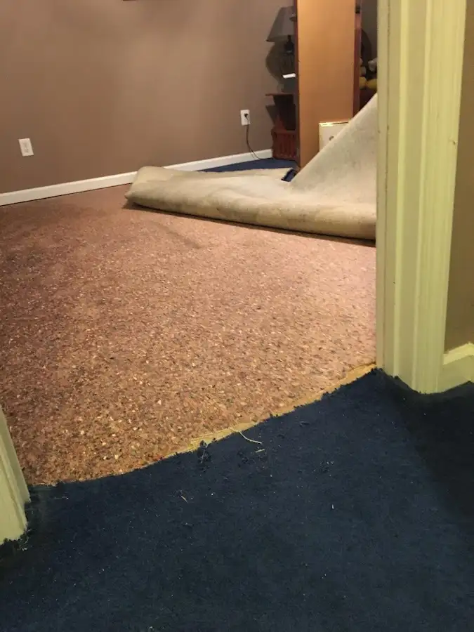 Carpet pad removal revealing water damage during Water Mitigation Services in Vestavia Hills